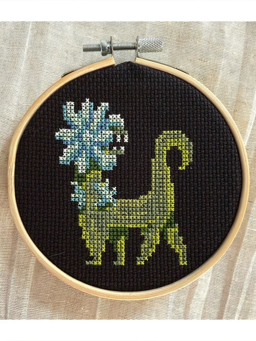 Handmade Cross Stitched Garden Monster Ornament/Wall Art - Green w/ Blue Flowers